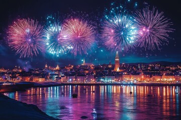 Spectacular Reykjavik New Year fireworks display over cityscape and reflecting waterfront at night
