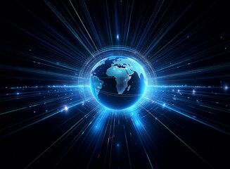 Obraz premium A glowing blue Earth encircled by radiating light streaks, suggesting global connectivity and technological advancement. The dark background emphasizes the planet's prominence.