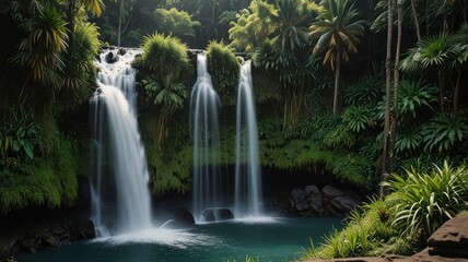 Lush tropical rainforest with cascading waterfalls into a turquoise pool.