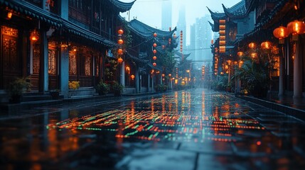 Rainy Night in a Chinese City Street with Lanterns