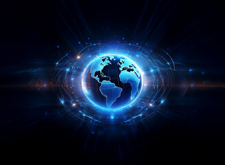 Obraz premium A glowing blue Earth, encircled by futuristic digital energy rings, radiates against a dark background, suggesting global connectivity and technological advancement.