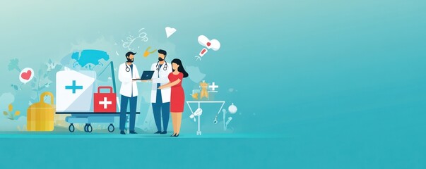 Health insurance banner featuring healthcare and medical services in a flat design for web use