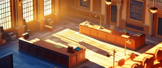 A bright, empty office space with wooden desks and sunlight streaming through large windows.