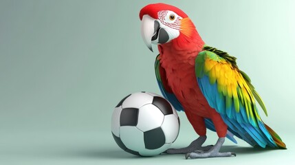 Naklejka premium A colorful parrot stands beside a soccer ball, showcasing a playful and vibrant scene.