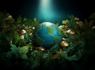 A glowing Earth rests amidst lush, vibrant foliage and luminous mushrooms, bathed in an ethereal light.  The scene evokes a sense of environmental wonder and fragility.