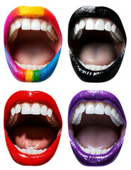 A creative set of four vibrant lips in rainbow, black, red, and purple colors, with open mouths showcasing glossy lipstick. Artistic and expressive design on a black background.