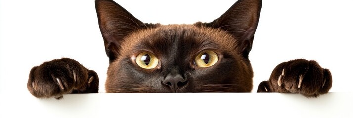 Fototapeta premium A curious cat peeks over a white surface, showcasing its expressive eyes and paws.