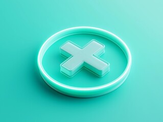 Obraz premium A modern, minimalist icon featuring a light blue cross within a circular outline, set against a soft turquoise background, representing deletion or cancellation.