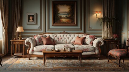 Fototapeta premium Classic living room with traditional style furniture. Floral patterned sofa, armchairs. Wooden coffee table with cup, saucer. Elegant accessories, lighting. Stylish interior design. Generative AI