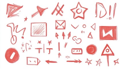 A collection of hand-drawn red symbols and shapes, useful for graphic design or creative projects.