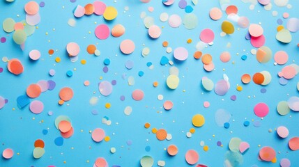A vibrant array of colorful confetti scattered on a blue background.