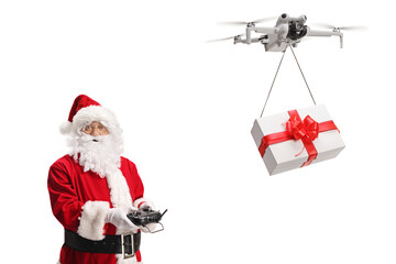 Santa claus flying a drone with a present