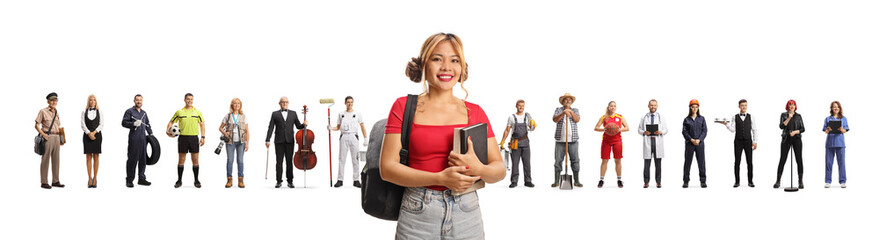 Asian female student with people of different professions