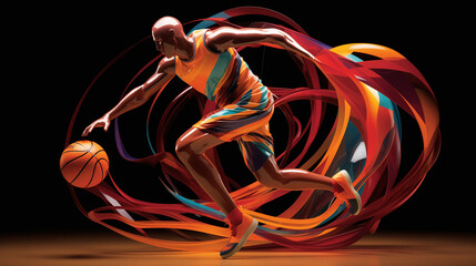 A stylized image of a bald, muscular basketball player dribbling, surrounded by vibrant, abstract red, orange, and teal motion trails against a black background.