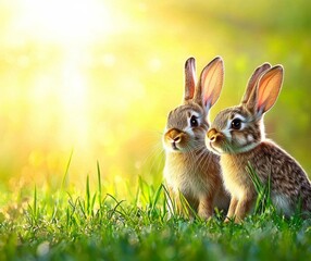 Obraz premium minimal photostock of a Rabbits. Art Design of Cute Little Easter Bunnies in the Meadow. , isolated on white background, , copy space, copy space for text,