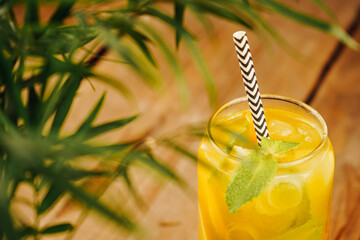 Golden lemonade, accented with vibrant citrus slices and sprigs of mint, shines on a dark, moody...