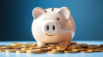 Cute Piggy Bank Surrounded by Golden Coins on a Blue Background