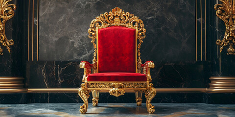 Ornate red and gold throne elevated on a platform, symbolizing royalty and grandeur