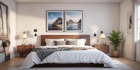 Bright and airy bedroom featuring framed travel photography, bright, airy