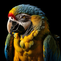 Fototapeta premium Portrait of a macaw isolated on a black surface