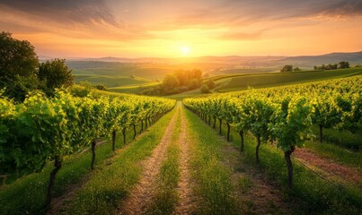 Naklejka premium Rolling vineyard hills under a clear sky, with rows of grapevines stretching into the distance.