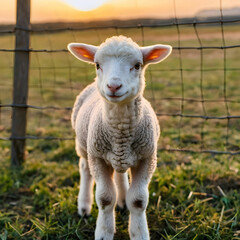 Portrait of a small adorable lam goat bin the fence at sunset