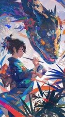 Fototapeta premium A vibrant scene of a girl in a kimono playing a flute beside a colorful dragon.