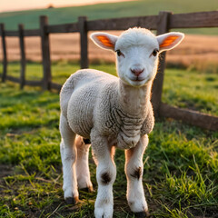 Naklejka premium Portrait of a small adorable lam goat bin the fence at sunset