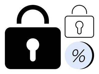Solid and outlined padlock icons alongside a percentage symbol in a circle. Ideal for cybersecurity, privacy protection, secure transactions, financial security, risk management, data encryption