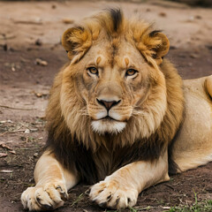 Fototapeta premium Portrait of lion lying on the ground