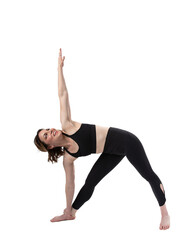 Beautiful young Caucasian woman in her 30s stretching for exercise in a triangle yoga pose while smiling and looking happy fit and healthy on white background for ad or copy space