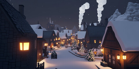 A serene winter village at twilight with snow-covered rooftops, glowing lanterns lining the streets, and smoke curling from chimneys. The peaceful and festive setting feels cozy.