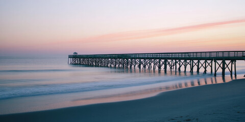 Fototapeta premium A serene beach at dusk with a wooden pier stretching into calm waters, surrounded by soft pink and orange hues in the sky. The peaceful scene feels romantic and timeless.