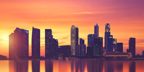 Fototapeta premium A minimalist urban skyline at dusk, with modern skyscrapers silhouetted against a vibrant orange and pink sky. The clean and contemporary design highlights progress.