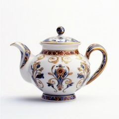 A decorative porcelain teapot with intricate floral patterns and a lid.
