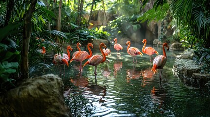 Majestic Flamingos in Lush Tropical Paradise