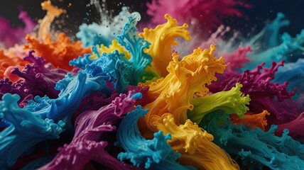 Vibrant rainbow paint explosion, dynamic swirls and splashes.