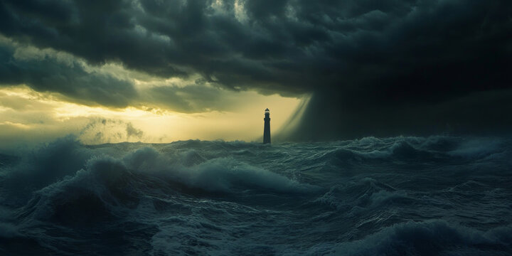A dramatic stormy sea with towering waves, a lone lighthouse standing resilient, and dark clouds looming overhead. The intense and moody setting evokes power and resilience.