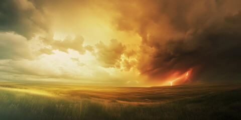 A dramatic storm rolling over an open prairie, with dark clouds, a distant tornado, and golden sunlight breaking through in streaks. The powerful and intense setting captures nature's raw beauty.
