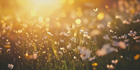 A vibrant floral meadow with butterflies fluttering and soft sunlight casting a golden glow. The joyful and colorful setting captures the beauty of springtime.