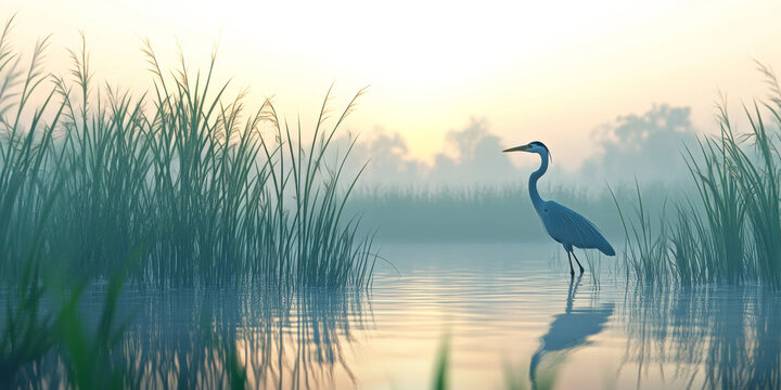 A tranquil marshland at dawn with cattails swaying in the breeze, a heron wading in the water, and soft light reflecting on the surface. The peaceful and natural setting feels serene.