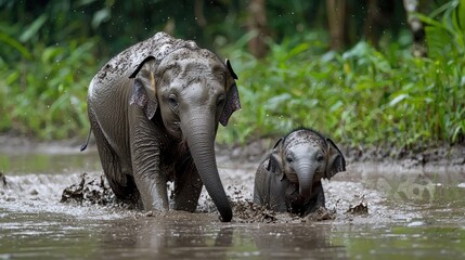 Fototapeta premium Adorable Baby Elephants Playing in Mud Wildlife Nature Scene