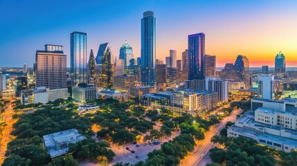 Obraz premium Vibrant Dallas Skyline at Dusk with Colorful Twilight Lights