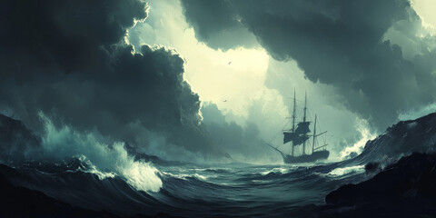 Fototapeta premium A dramatic stormy coastline with towering waves, dark clouds, and a lone ship braving the rough seas. The intense and powerful scene captures the raw energy of nature.