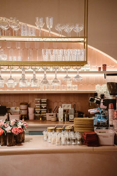 stylish caf&eacute; interior with elegant glassware and decor.