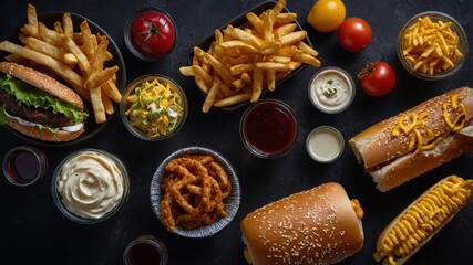 Unhealthy fast food spread on dark background