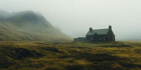Naklejka premium A dramatic Scottish moorland with rolling hills, mist clinging to the ground, and a lone stone cottage in the distance. The rugged and remote setting feels steeped in history.