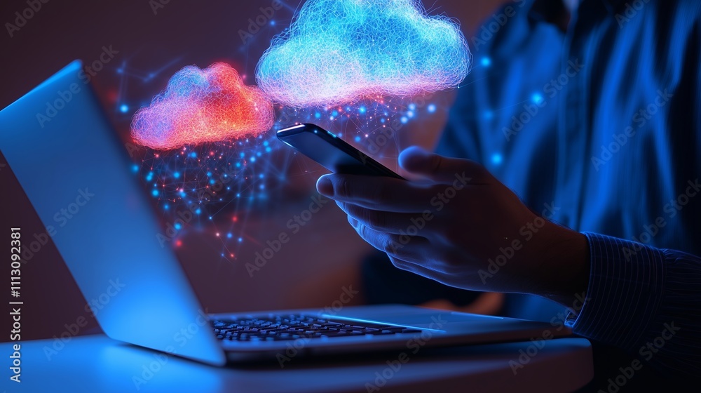 Poster cloud computing concepts illustrated with colorful graphics during night time computer use