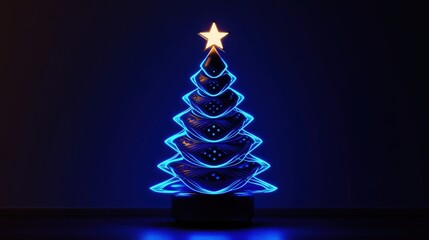 Abstract Blue Neon Christmas Tree Design