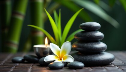 Obraz premium A serene spa scene featuring stacked stones, a lit candle, and a vibrant flower. Ideal for relaxation, wellness, and meditation imagery, surrounded by calming bamboo leaves and natural elements.